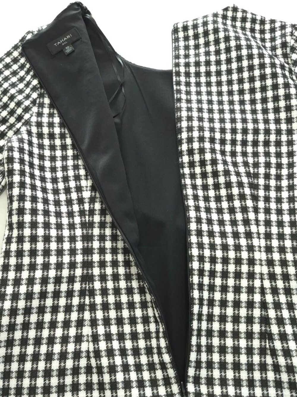 Tahari Dress 10 Women Black White Gingham Plaid Fringe Tweed Shift Mini Short - Picture 10 of 14